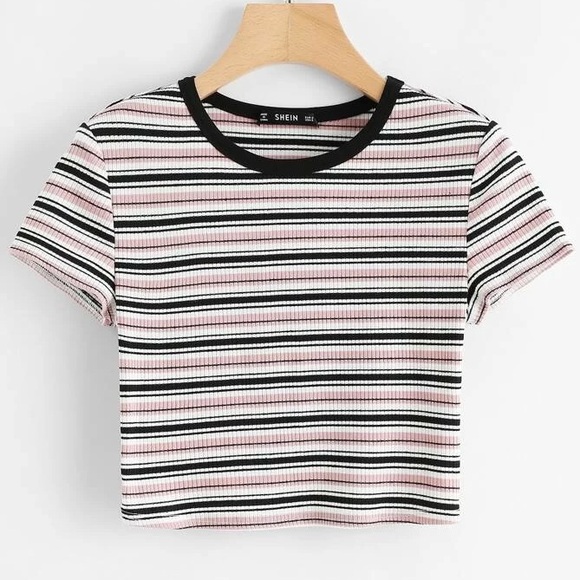 SHEIN Tops - SHEIN Women’s Pink, Black & White Striped Rib Knit Cropped Tee Size Small